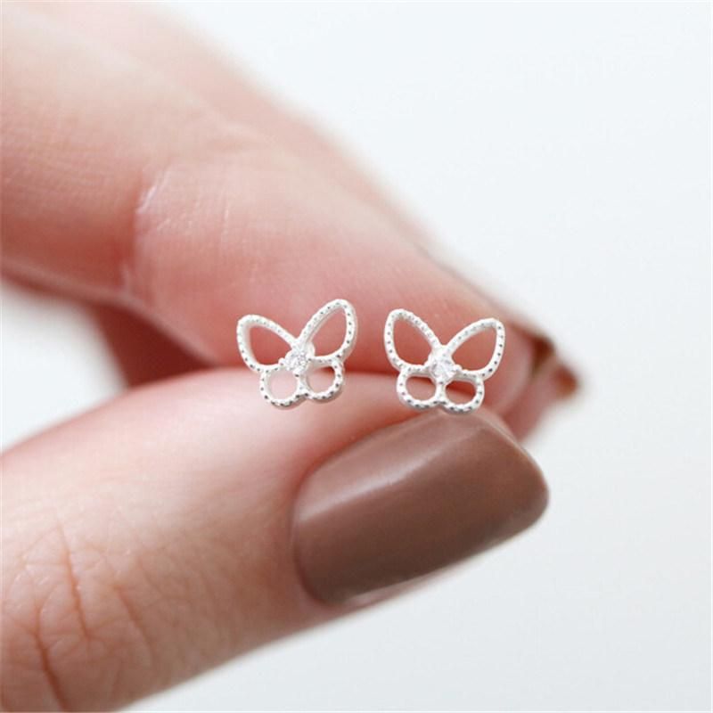 Brass Mini Silver Sparkle Cut Heart Stud Earrings with Cubic Zircon Stones for Women Girls Lady Fashion Jewelry
