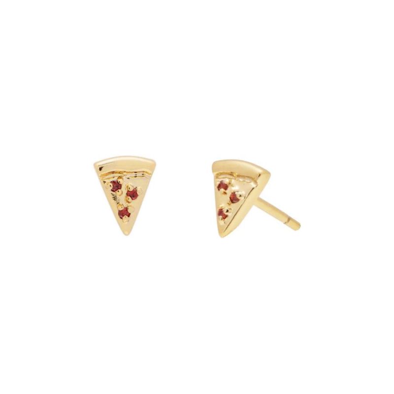 Aiz Jewelry 925 Sterling Silver Trendy Custom Daily Fashion Jewellery 18K Gold Plated Red Zircon Dainty Pizza Studs Earrings