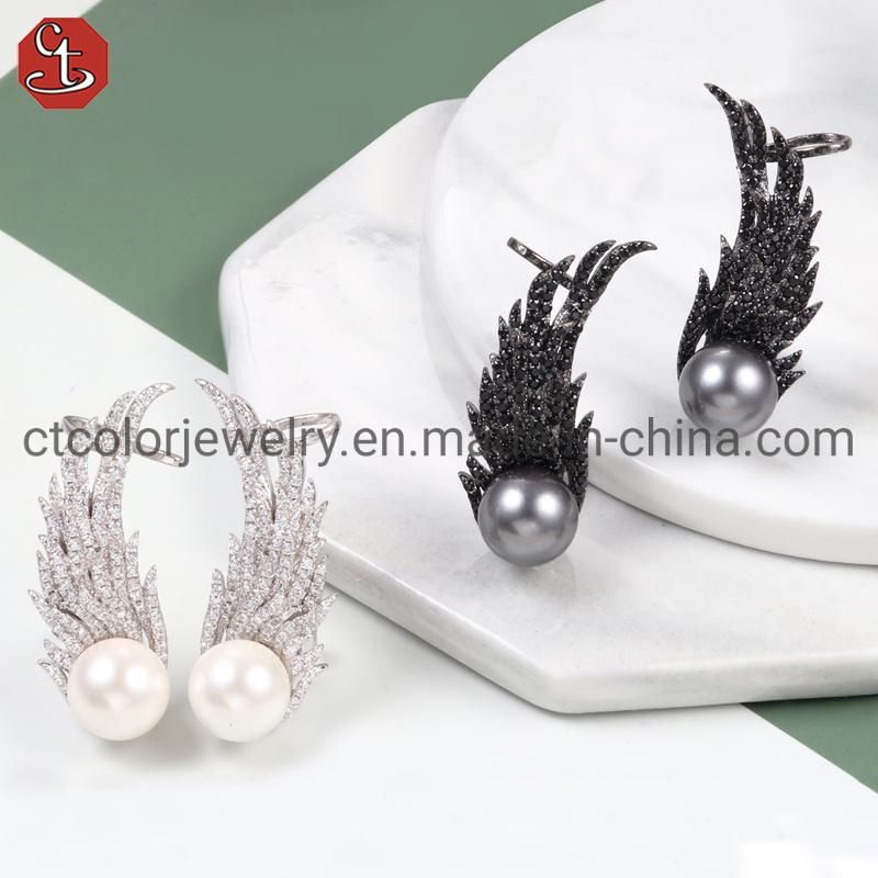 Fashion Black Pearl Wing Shape Design Earrings