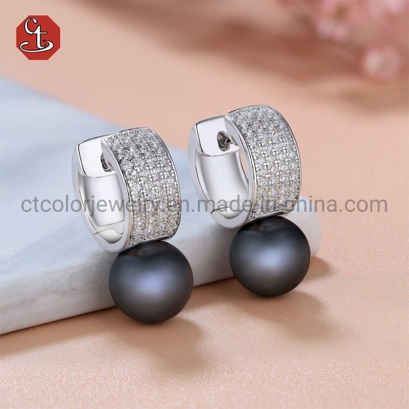 Fashion women Jewellery 925 Silver Circle Simple Black Freshwater Pearl Stud Earrings