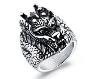 New Retro Fashion Unisex&prime;s Mens Punk Biker Titanium Steel Black Silver Dragon Head Ring Fashion Jewelry