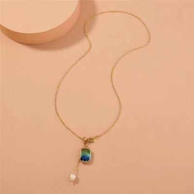 Fashion Jewelry Square Sapphire Glass Gemstone Pearl Pull-Back Necklace for Women Accessories