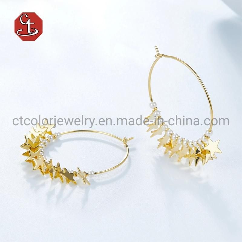 New Design Fashion Jewelry 18K Gold Plated Classical Circle Hoops White Pearls 925 Sterling Silver Star Earrings