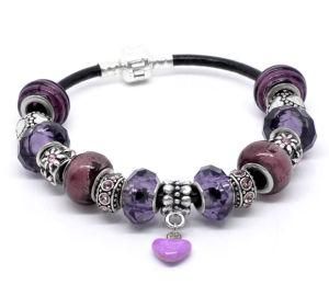 Handmade Real Leather Purple Love Charm Bracelet Fit European Charm 20cm (B10420)