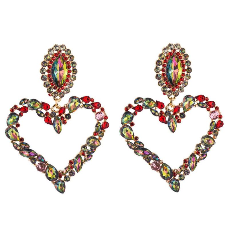 Heart-Shaped Alloy Inlaid Colored Diamonds Retro Temperament Exaggerated Earrings Female Korean Version of The Trendy Super Flash Full Diamond Earrings