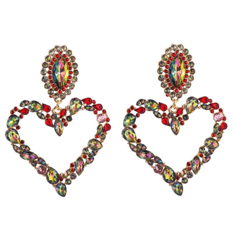 Heart-Shaped Alloy Inlaid Colored Diamonds Retro Temperament Exaggerated Earrings Female Korean Version of The Trendy Super Flash Full Diamond Earrings