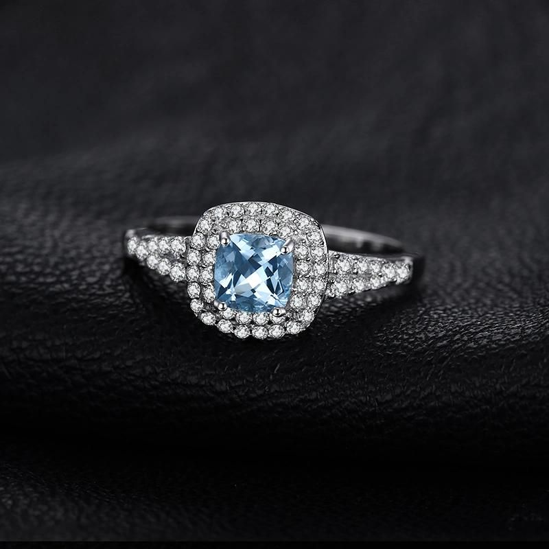 Synthetic Aquamarine Halo Engagement Ring 925 Sterling Silver Jewelry for Wedding