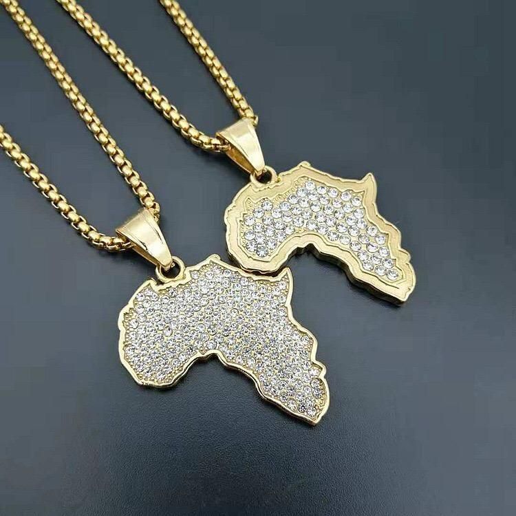 18K Gold Plated Iced out Rhinestone Stainless Steel Africa Map Pendant