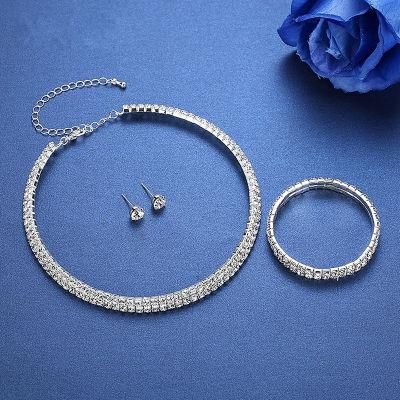 Silver Color Circle Crystal Rhinestone Wedding Jewelry Necklace Earrings Bracelet Sets