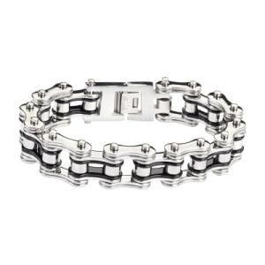 Silver Black Double Link Design Unisex Stainless Steel Motorcycle Chain Bracelet