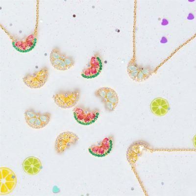 Ins Hot Selling Colorful Zircon Fruit Watermelon Earring Necklace Fresh Summer 18K Gold Plated Rainbow Lemon Earrings Women Girl