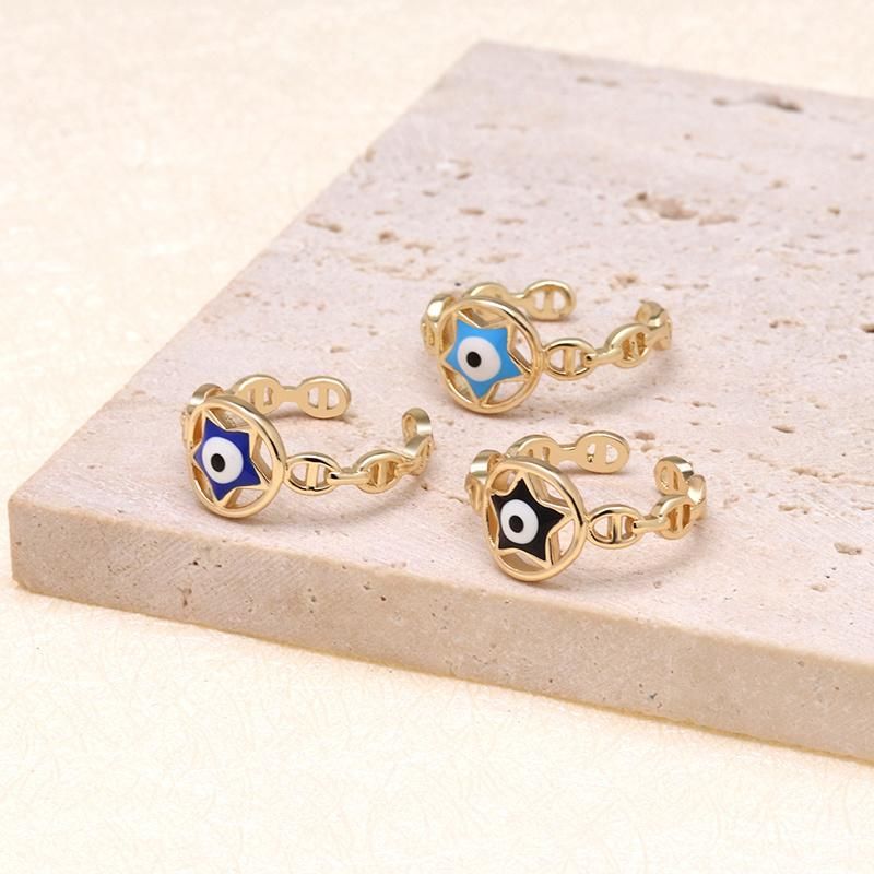 18K Gold Plated Oil Drip Adjustable Turkish Blue Eye Rings