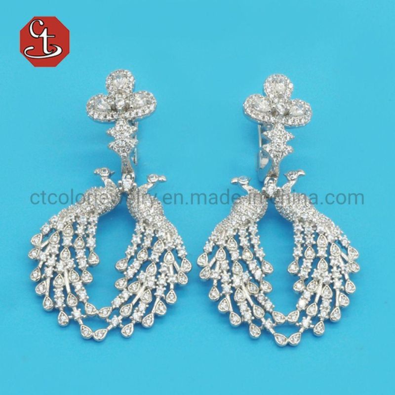 Luxury Peacock Animal Design New Fashion Silver Color Filled CZ Drop Earring