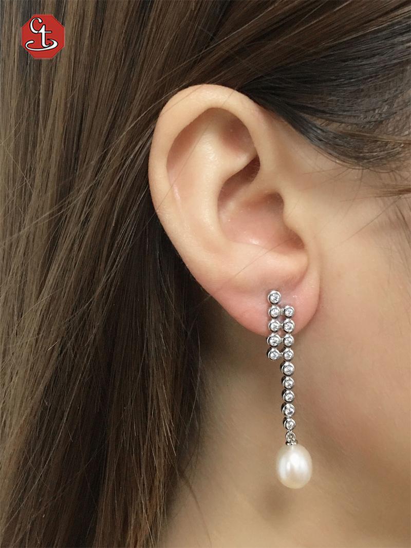 Trending earrings 2021 long drop pearl elegant zircon silver Earrings