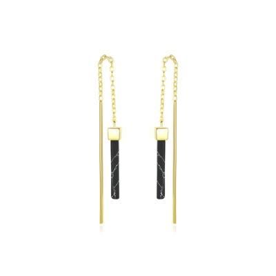 Black Stone Long Tassel Gold-Plated Silver Earrings Stud