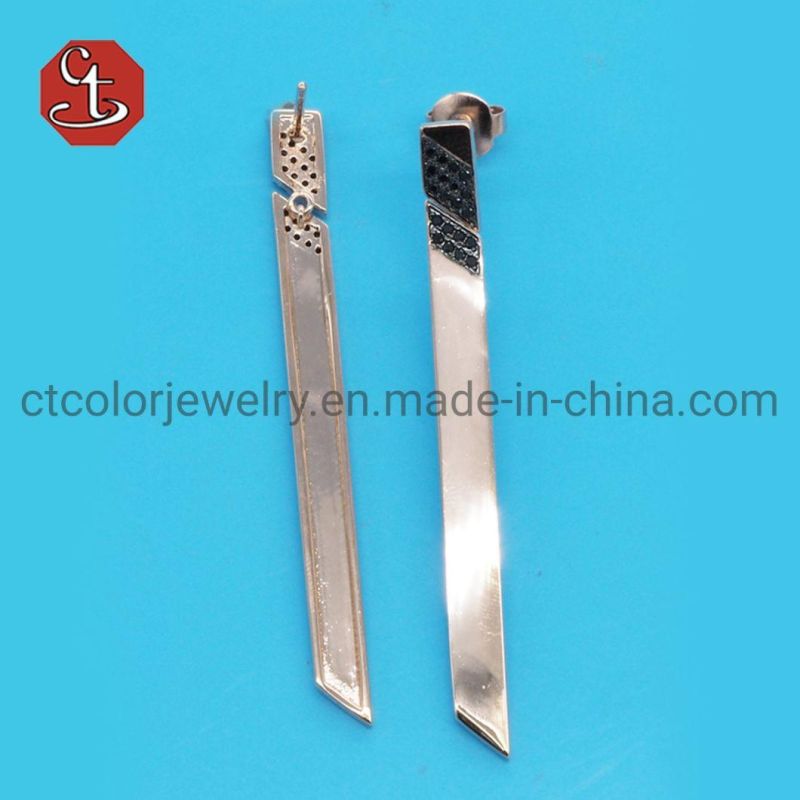 Women Popular Baguette Stud Hot Sale CZ Plain Knife sharp Dangle Earring Brass & Silver Jewelry