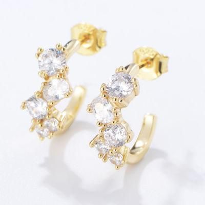 Personality Open Post Double Claw Setting Cubic Zirconia Gold Vermeil C Shape Earrings