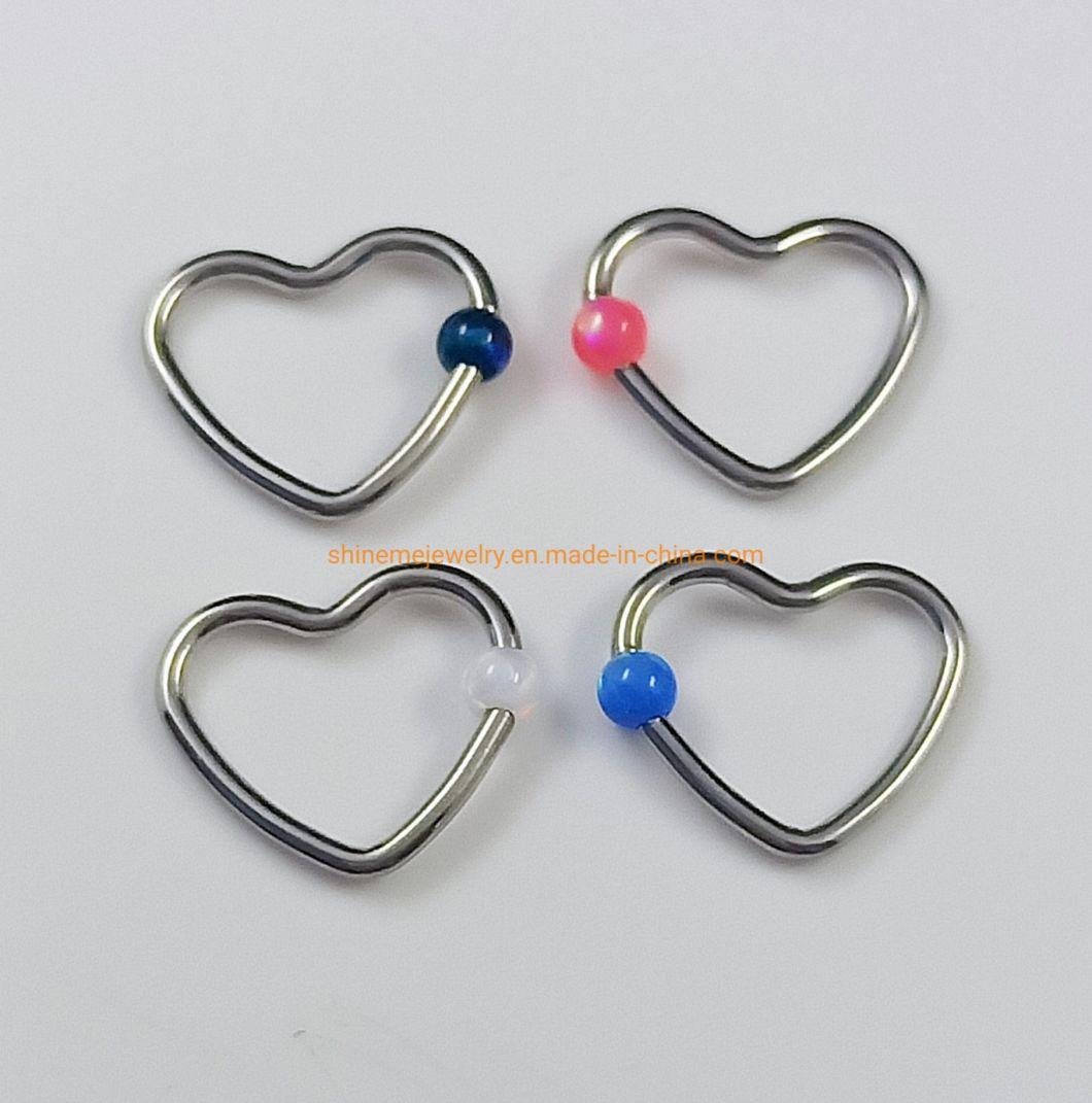 Heart-Shaped Stainless Steel 3mm Opal Ball Closed Ring Nipple Ring Nose Ring Earring Piercing Jewelry Ssp050