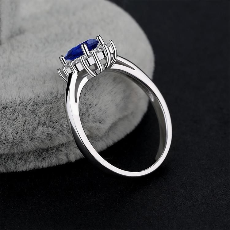 Wholesale Custom Luxury Women′s Engagement Anniversary Blue Sapphire 925 Sterling Silver Ring Jewelry