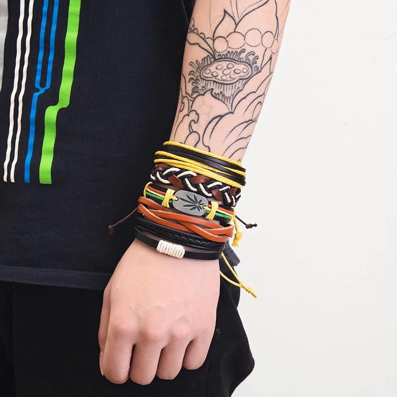 5 Pieces Leather Cuff Bracelet for Men and Women Punk Rock Braided Bracelet Via Brown Black Wristband Handmade Jewelry