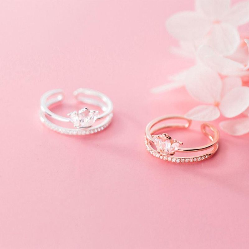 Real 925 Sterling Silver Ring Crown Zircon Fashion Exquisite Adjustable Ring Women Wedding Girls Jewelry Gift