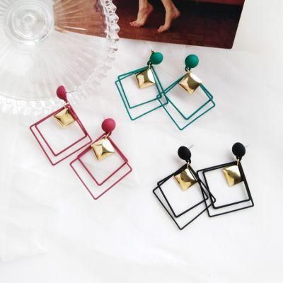 Fashion Jewelry for Women Temperament Double Layered Square Geometric Hollow with Metal Matte Earrings