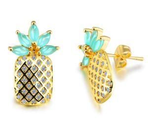 New Pineapple Stud Earrings for Women Gold Plating Pin Cyan Zircon Crystals Earrings Female Ear Brincos Pending