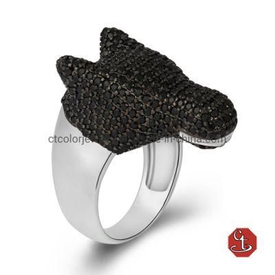 Black cz in Black plated, other Rhodium plated animal shaped ring