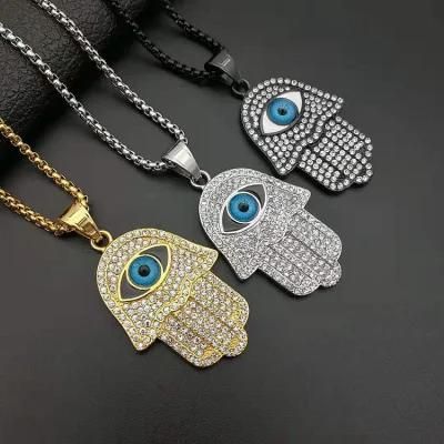 Titanium Steel Gilted Blue Eye Fatima Hand Pendant Necklace