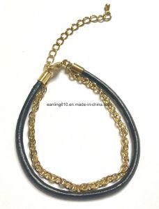 Genuine Black Leather Bracelet with Chain