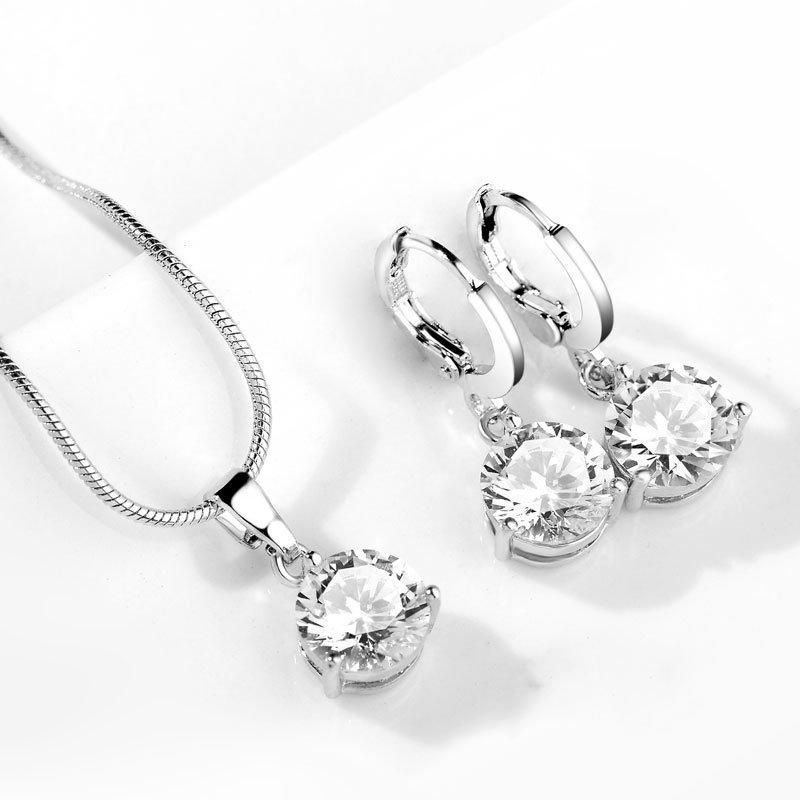 Crystal Silver Color Necklace Stud Drop Earring Wedding Jewelry Sets
