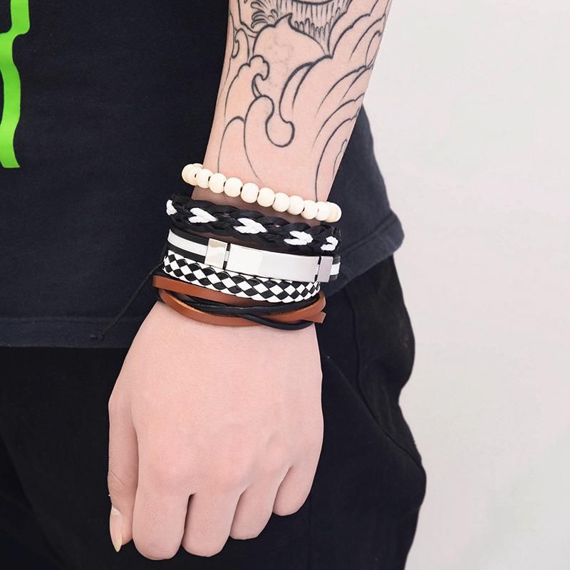 America and Europe Simple Retro Set Bracelet DIY Woven Cowhide Bracelet Punk Bracelet Men′ S Hemp Rope Leather Bracelet