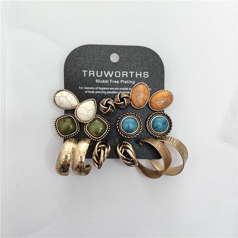 Best Seller Manufacture Veggies 8 Packs Multiple Earrings with Cracked Semiprecious Acrylic Resin Bead Studs Marbling Square and Round Clip Iron Hoop Earrings