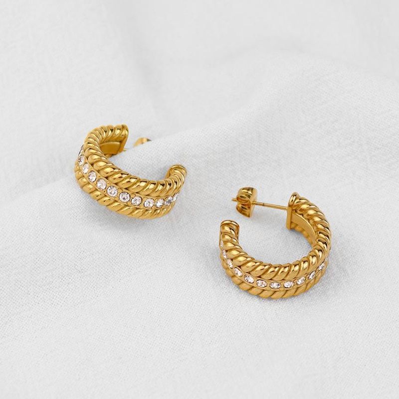 Fashion Jewelry Shop Two Rows of CZ Stone Stainless Steel Hoop Earrings