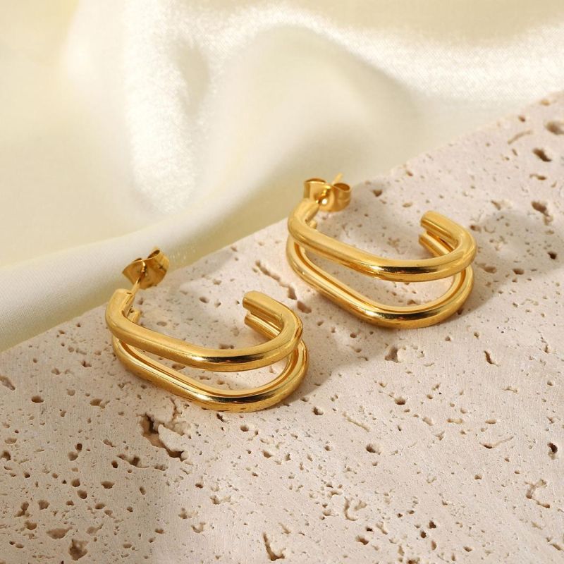 Factory Customized European and American Ins Net Red Same Earrings 18K Gold-Plated 316L Stainless Steel Double Geometry C-Ring Earrings Female Jewelry