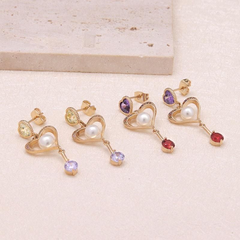 Trendy Women′s Pearl Colorful Zircon Heart Dangle Gold Earrings