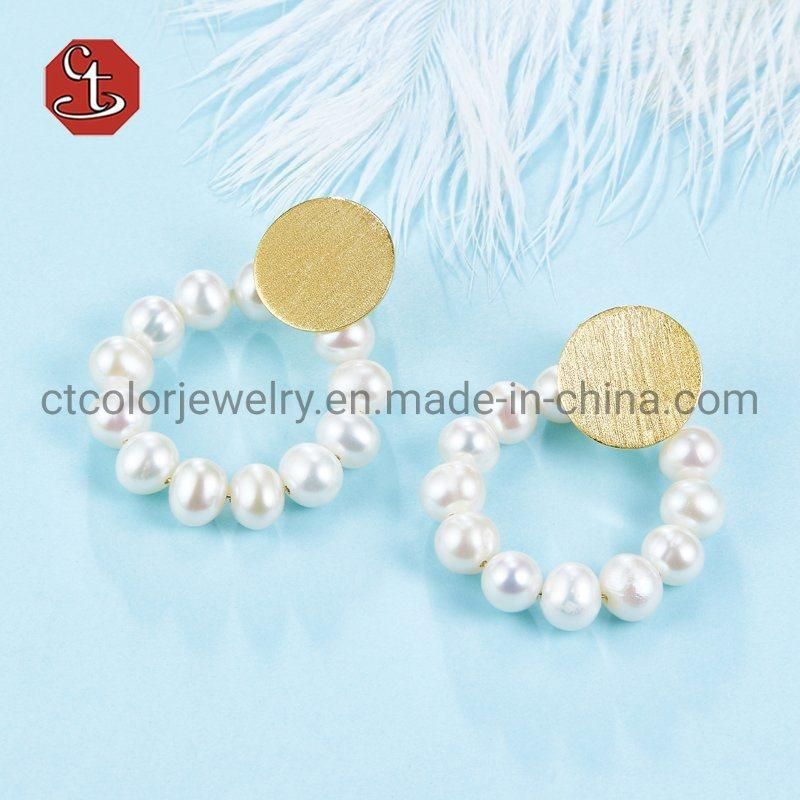 Fashion 925 Silver Jewelry 18k Gold plated White Pearl Round Drop Earrings