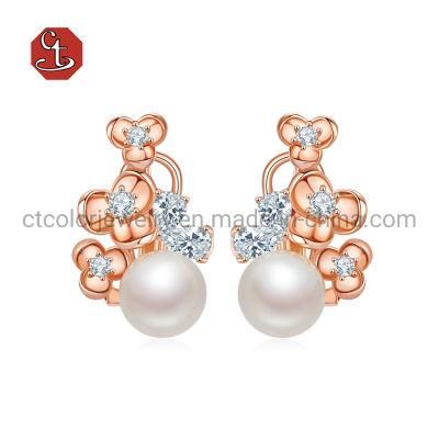 Fashion 925 Sterling Silver Rose Gold Flowers and pearls Earring for Jewelry Gift Women
