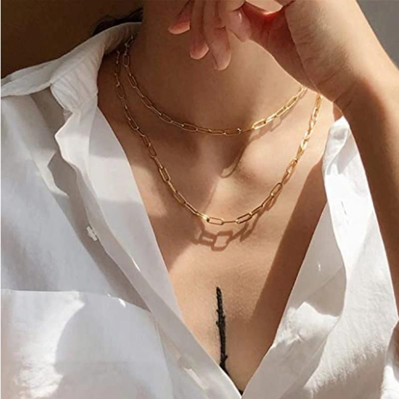 Trendy 18K Gold PVD Plated Jewelry Set Paperclip Necklace Bracelet for Layer Necklaces Wearing