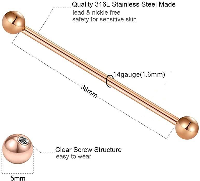 8PCS 14G Industrial Barbell Earrings Cartilage Stainless Steel 38mm Industrial Piercing Bar Body Piercing Jewelry