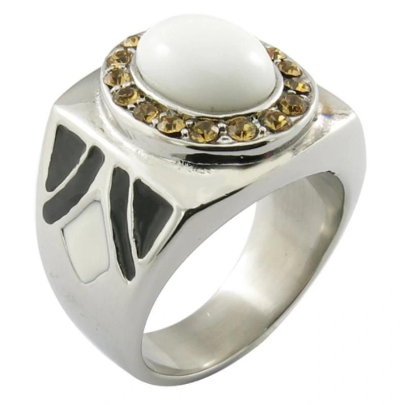 White Ceramic Big Stone Rings Stainless Steel Ring