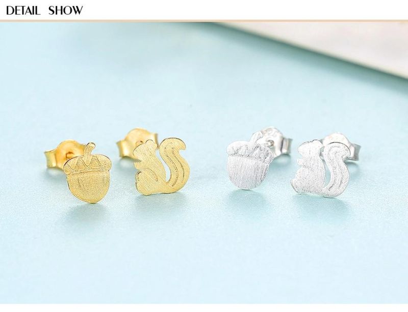 Lovely Squirrel and Pine Cones Design Sliver Ear Stud