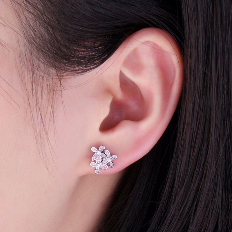 Fashion Jewelry 925 Sterling Silver Pink Flower Stud Earring for Women Wholesale