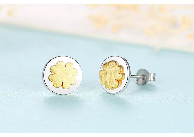 Cute Little Round Earrings Stud Mosaic Four-Leaf Clover Shell