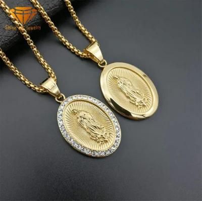 European and American Cross-Border New Hip-Hop Hiphop Jewelry Titanium Steel Casting Gold-Plated Diamond Catholic Madonna Pendant Spt2802