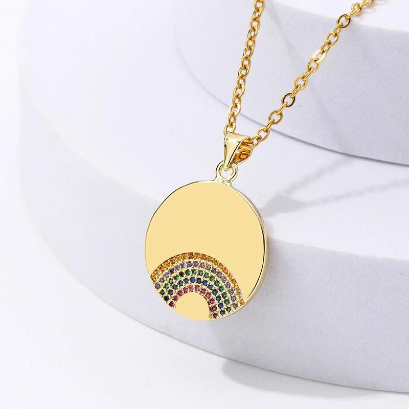 Custom Fine Jewelry Rainbow Stone 925 Sterling Silver Medal Colorful Zircon Disc Round Coin Pendant