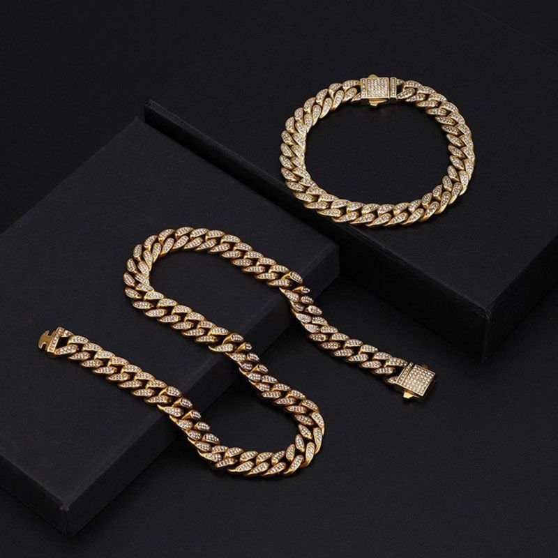 New Popular Stainless Steel Bracelet Full Diamond IP Gold Cuban Chain Men′s Fashion Trend Necklace