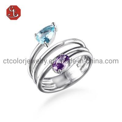 Gemstone Engagement Ring Amethyst/Sky blue Stone Silver Ring