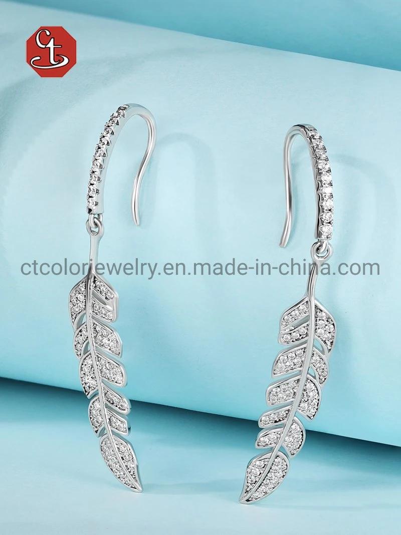 Fashion wedding Jewelry 925 Silver Feather Leaf Hook Earrings