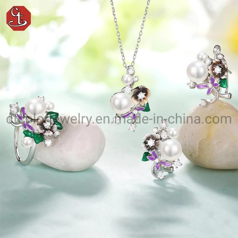 925 Sterling Silver Fine Jewelry Mop Enamel Flower Rings Fashion Jewelry
